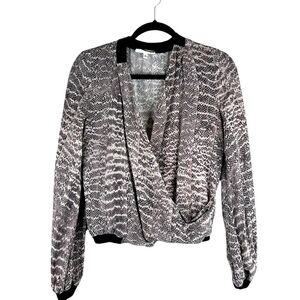 ROI Silk Snakeskin Brown & Black Flowy Deep V-Neck Long Sleeve Top Size Small